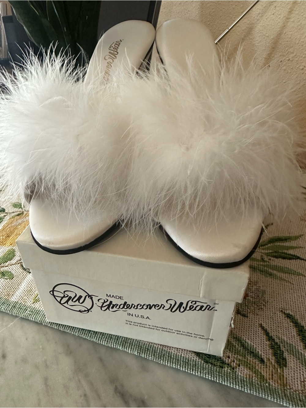 Vintage Undercover Wear White Satin Marabou Feather Mules with Original Box. Sz?